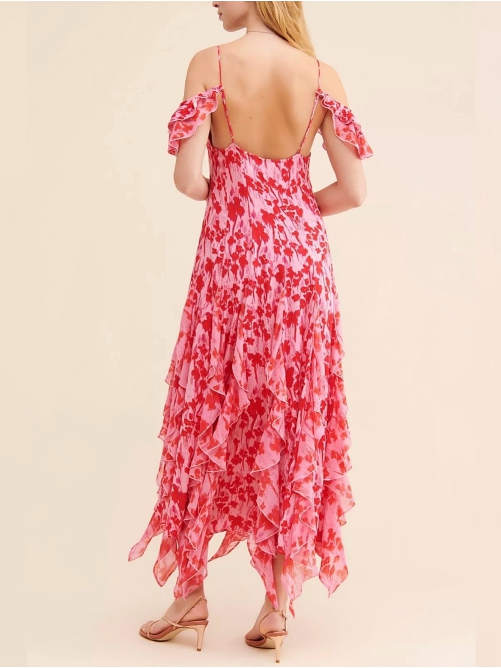 Free People Floral Ruffle Cold-Shoulder Maxi Dress in Pink and Red- size M